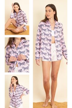 Equestrian Linen Pink Blouse Summer Long Sleeve Printed Shirt, Printed Relaxed Fit Linen Tops, Relaxed Fit Linen Top With Graphic Print, Relaxed Fit Tops With All Over Print For Summer, Spring Vacation Shirt With Relaxed Fit, Relaxed Fit Shirt For Spring Vacation, Casual Floral Print Shirt For Loungewear, Spring Vacation Relaxed Fit Shirt, Casual Floral Print Loungewear Shirt