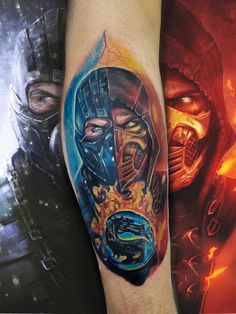 a man with a tattoo on his arm wearing a mask