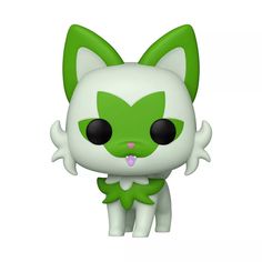 a green and white cat with big eyes on it's head, standing in front of a white background