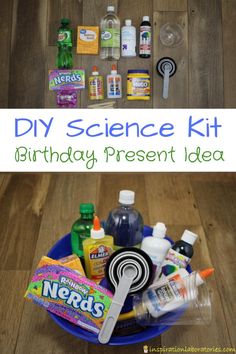 a blue bowl filled with lots of different items on top of a wooden floor next to bottles