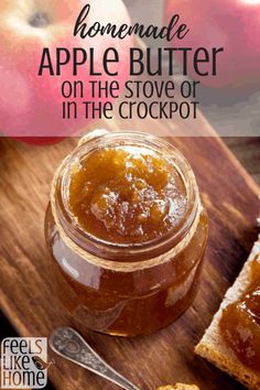 homemade apple butter on the stove or in the crockpot with text overlay