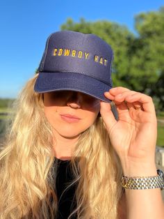 Navy blue foam trucker cap witb gold embroidery “cowboy hat” Cowgirl Beach, Cute Horse Pictures, Chapeau Cowboy, Art Women, Coastal Cowgirl, Cute Horses, Cow Girl, Denim Cutoffs, Gold Embroidery