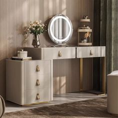 a white dressing table with two drawers and a round mirror on the wall above it