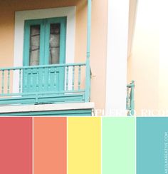 the balcony is painted in shades of blue, pink, yellow and green with white balconies