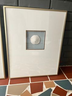 two framed pictures on the ground with different colors and shapes, one has a sand dollar in it