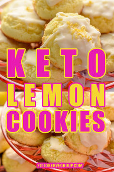 lemon cookies with white frosting on top and pink lettering that says keto lemon cookies