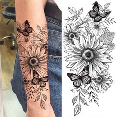 two tattoos with flowers and butterflies on each arm, one is black and white the other has