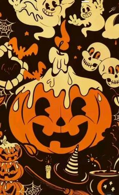 an image of a halloween scene with pumpkins and skulls