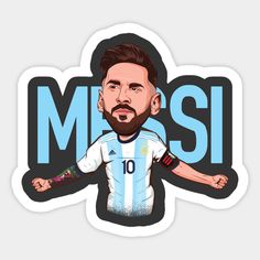 a man with a beard and mustache in front of the words messi on a sticker