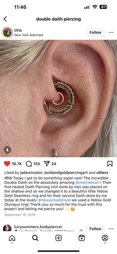 an ear is shown with two different types of piercings