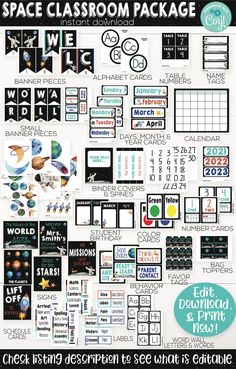 the space classroom package includes posters, stickers and other items for students to use