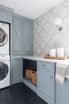 A collection of the best blue gray paint colors along with images in real homes to show you how each color looks in an actual room! Blue Gray Paint Colors, Blue Gray Paint, Kabinet Dapur, Laundry Room Cabinets