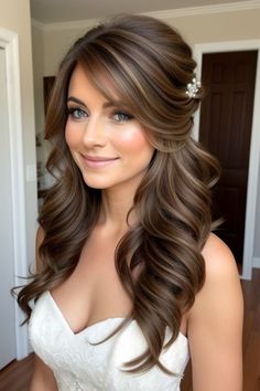 a woman with long brown hair wearing a white dress and flower in her hair is smiling at the camera