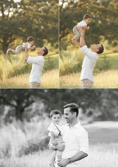 a man holding a baby up in the air