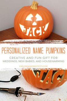 an orange pumpkin with the words personalized name pumpkins on it, sitting next to a pair of pliers