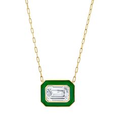 Make a statement with our stunning Emerald Cut Diamond with Green Enamel Pendant. This luxurious piece features an emerald-cut 8.03 carat diamond that is set in a striking enamel bezel setting. The 18K yellow gold adds a touch of warmth and richness, while the diamond's color of U and clarity of SI1 ensure that it is of the highest quality. The beautiful green enamel adds a unique and eye-catching touch, making this pendant a true standout piece. Whether you're dressing up for a black tie event Luxury Enamel Jewelry With Bezel Setting, Luxury Emerald-cut Emerald Necklaces, Luxury Yellow Gold Emerald Necklace With Diamond Cut, Luxury Emerald Cut Emerald Necklace, Luxury Emerald Cut Solitaire Necklace For Formal Occasion, Luxury Gold Enamel Necklaces, Luxury Enamel Necklace, Luxury Unique Enamel Necklace, Luxury Emerald Necklaces With Stones