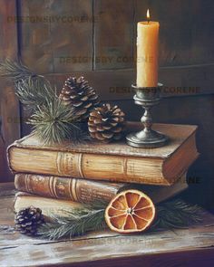 an oil painting of books, orange slices and pine cones on top of each other