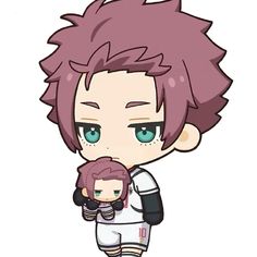 an anime character with pink hair and green eyes holding a baseball glove in his hand