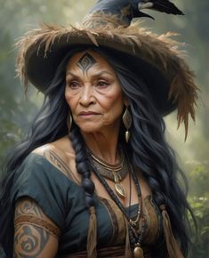 a woman with long black hair wearing a hat and feathered headdress is looking at the camera