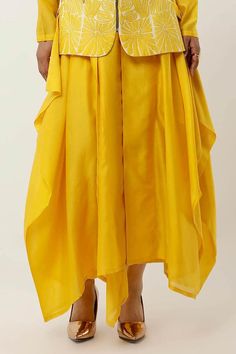 Yellow and ivory jacket with floral cutwork and side tie-up. Paired with yellow draped kurta and pant. - Aza Fashions Floral Cutwork, Yellow Drapes, Kurta Set For Women, Floral Work, Yellow Silk, Floral Jacket, Silk Organza, Blue Outfit, Work Jackets