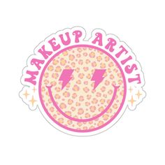 a pink and yellow sticker with the words makeup artist on it's face