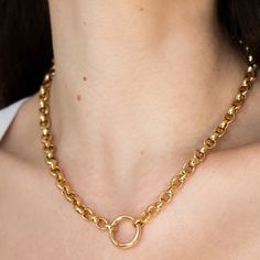 Description: Round Rolo Chain With Large Circle Ring Length: 16" Material: 18k Gold Plated Gold Plated Round Rolo Chain Necklace, Gold Plated Rolo Chain Necklace, Yellow Gold Rolo Chain Necklace, Yellow Gold Metal Necklace With Rolo Chain, Gold-tone Cable Chain Jewelry, Womens Jordans, Circle Ring, Rolo Chain, Womens Jewelry Necklace