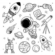 black and white space coloring pages with rockets, rocket ship, astronaut's helmet and other items