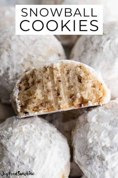 snowball cookies are stacked on top of each other