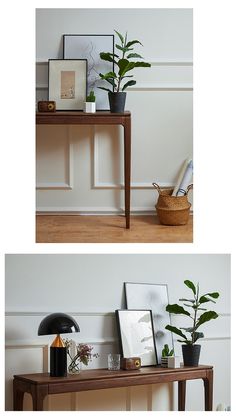 two photos of a table with plants and pictures on it