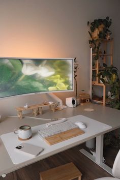 a desk with a computer monitor, keyboard and mouse on it in front of a potted plant