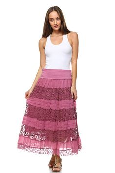 Thulian Pink Rose Foldover Waist Long Skirt | Pink | Crochet-Clothing, Stonewash, Misses, Maxi-Skirt, Solid Chic Shadow, Pink Patch, Soft Winter, Hippie Look, Tiered Skirts, Crochet Maxi, Trendy Skirts, Pink Crochet, Crochet Clothing