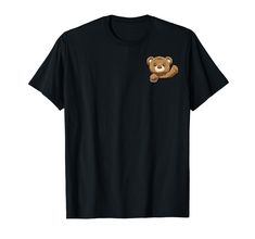 a black t - shirt with a brown teddy bear in it's pocket on the chest