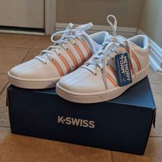 Brand New Women's K-Swiss Athletic Shoes. White With Peach Stripes. Size 9.5. Non-Smoking Home. K Swiss Shoes, Shoes White, New Woman, Memory Foam, Athletic Shoes, Color White, Stripes, Brand New, Women Shoes