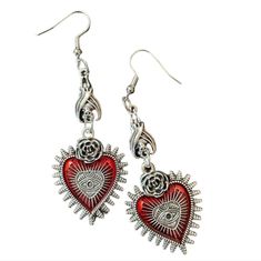 Never Worn Silver Tone Red Heart Charm Metal Earrings, Vintage Silver Heart Earrings For Valentine's Day, Silver Vintage Heart Earrings For Valentine's Day, Red Metal Heart Earrings For Party, Red Heart-shaped Metal Earrings, Heart Rose, Rose Earrings, Earrings Color, Red Heart