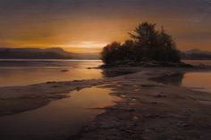 an oil painting of a sunset over the water