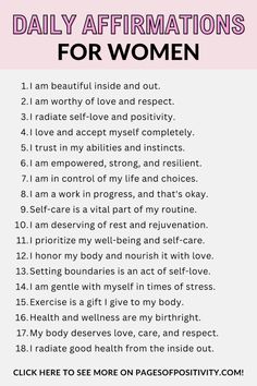 the daily affirmations for women list is shown in pink and white with black lettering