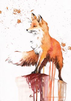 a watercolor painting of a red fox standing on top of a puddle of blood