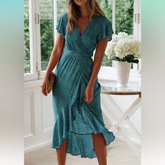 Teal & White Bohemian V Neck Wrap Dress Outfit Trip, Medi Dress, Floral Dress Fashion, Wrap Dress Casual, Floral Wrap Maxi Dress, Ruffle Wrap Dress, Wrap Dresses, Printed Summer Dresses, Floral Dresses Long