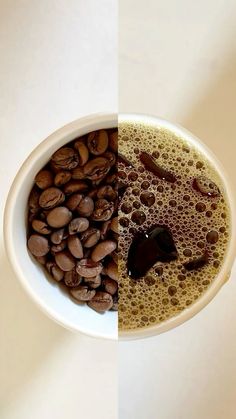 coffee beans in a white bowl on top of another cup filled with brown and black liquid