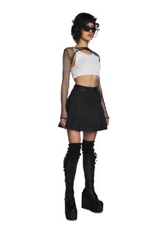 cuz you're causing a glitch in the matrix, babe! This A-line mini skirt has a pleated construction, a detachable zipper pocket pouch, and adjustable buckle belt. Edgy Pleated Skort For Alternative Fashion, Gothic Mini Skirt With Belt Loops For Alternative Fashion, Alternative Style Mini Skirt For Club, Edgy Mini Skort For Alternative Fashion, Edgy Skort For Alternative Fashion In Spring, Edgy Spring Skort For Alternative Fashion, Edgy Mini Skort For Streetwear, Fitted Mini Skirt With Belt Loops For Alternative Fashion, Black Edgy Skort For Alternative Fashion