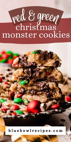 christmas cookies stacked on top of each other with the words red and green christmas monster cookies