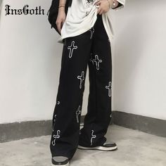 Grunge Cross, Y2k Aesthetic Fashion, Pattern Pants, Women Trousers, Pants Streetwear, High Waist Trousers, Pants Y2k, Casual Wide Leg Pants, Y2k Aesthetic Outfits