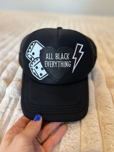 This trucker hat is an adorable addition to any outfit or it makes a great gift for someone! All Black Hat, Hat With Patches, Custom Trucker Hats, Trendy Hat, Vintage Hat, Black Hat, Hats Vintage, Trucker Cap, All Black