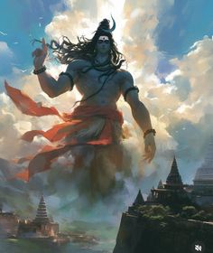 a man with long hair standing on top of a hill in front of some clouds