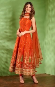 Aman Takyar-Tangerine Rust  Embroidered Anarkali Set-INDIASPOPUP.COM Bridal Suit Indian, Rust Indian Outfit, Anarkali Suits Casual, Suits For Weddings Women, Anarkali Inspiration, Orange Suits Women Indian, New Anarkali Design, Rust Anarkali, Anarkali Design