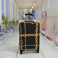 Travel Suitcase Cover, Wheeled Suitcase, Black and Gold Luggage Cover, Personalized Luggage Protector, Custom Luggage Wrap, Luggage Decor **Handmade with Production Assistance ** Protect luggage from nasty scratches and accidental swaps at the baggage carousel. These covers slide on quickly and feature multiple slits on the left side for easy access to the handles. .: Material: 95% polyester, 5% spandex .: Left-side and top slits for easy access to your luggage handles .: Black zipper on the bot Black Rectangular Travel Cases, Black Luggage With Sleeve For Trip, Rectangular Black Travel Accessories For Business Trips, Black Rectangular Luggage For Trips, Black Rectangular Luggage With Sleeve, Black Rectangular Cases With Luggage Sleeve, Gold Rectangular Travel Cases, Gold Rectangular Luggage For Travel, Gold Luggage With Sleeve For Travel