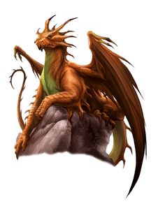 a brown and green dragon sitting on top of a rock with its wings spread out