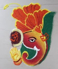 an image of the face of lord ganeshri with his hands and eyes painted on it