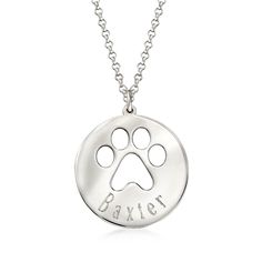 Ross-Simons - Plain - Sterling Silver Paw Print Pendant Necklace. 20". Our sterling silver personalized paw necklace. Always keep your dear pet close with our personalized paw necklace. Crafted in our Rhode Island studio of polished sterling silver, our paw can be engraved with your choice of a name or single initial. Choose from the options below. This special keepsake celebrates your love for your constant companion. Suspends from a sterling silver rolo chain and finishes with a lobster clasp. Silver Paw Print Round Pendant Necklace, Silver Jewelry With Paw Print, Personalized Silver Jewelry With Paw Print, Silver Paw Print Jewelry For Personalized Gift, Silver Jewelry With Paw Print For Personalized Gift, Sterling Silver Paw Print Necklace, Paw Print Pendant, Paw Necklace, Paw Print Necklace