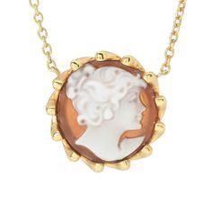 Perfect for any time wear, whenever you want to add a touch of flair to your style, this Cameo Italiano pendant necklace is a true beauty. It features a lovely 15mm round shell cameo portrait surrounded by a wavy golden frame. The piece is finely crafted in polished 18K yellow gold plated sterling silver. The 18.5" rolo chain safely secures with a lobster clasp. A 1.5" extender ensures it perfectly complements your wardrobe. Keep it close by - you'll want to wear this necklace all the time! Formal Round Cabochon Necklaces, Fine Jewelry Round Cabochon Necklaces, Elegant Round Cabochon Necklaces, Elegant Rose Gold Cameo Necklace, Yellow Gold Cabochon Necklace For Anniversary, Anniversary Yellow Gold Cabochon Necklace, Elegant Cameo Round Pendant Jewelry, Classic Cabochon Necklace, Classic Round Cabochon Necklace